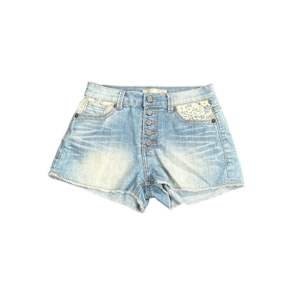 No Boundaries Lace Trim Button Fly Denim Shorts Light Wash Boho Womens Size 5‎